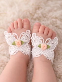 Baby Barefoot Sandals Lace Butterfly with peach rose Baby Barefoot Sandals Lace Butterfly with peach rose