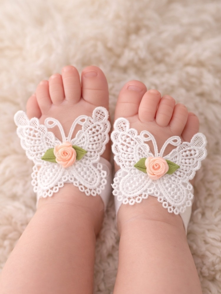 Baby Barefoot Sandals Lace Butterfly with peach rose Baby Barefoot Sandals Lace Butterfly with peach rose
