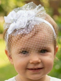 Handmade Girl First Communion Headband With Roses and Birdcage Netting