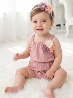Handmade Baby Girl Soft Cotton Romper Dusty Pink With Headband