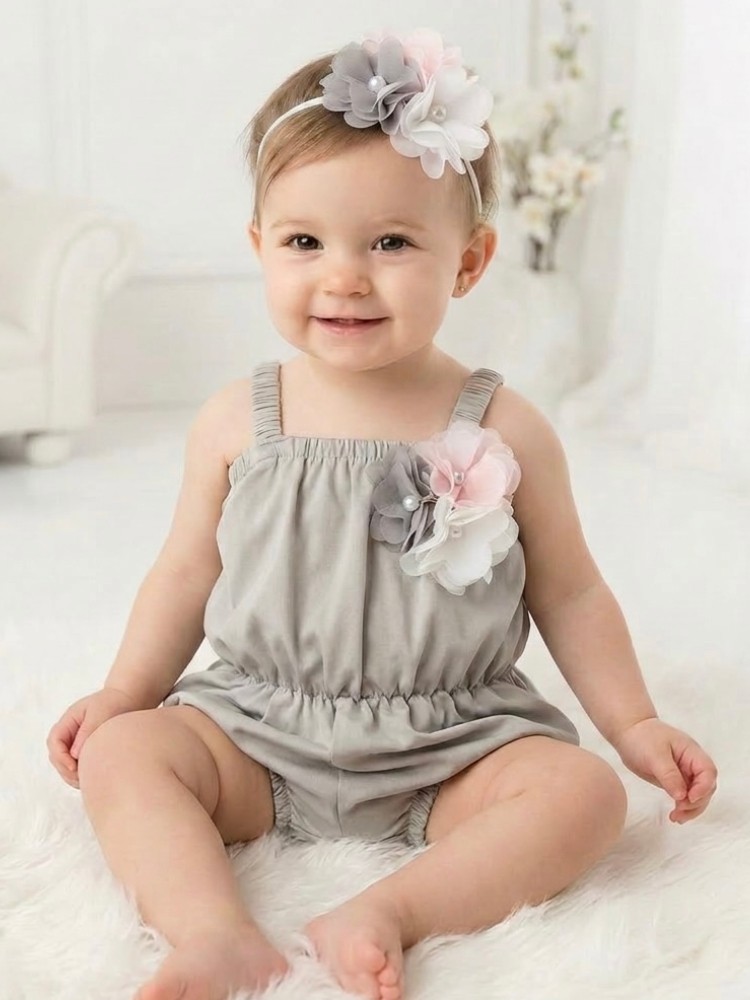 Baby Girl Cotton Romper Silver Grey With Headband