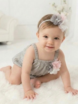 Baby Girl Cotton Romper Silver Grey With Headband