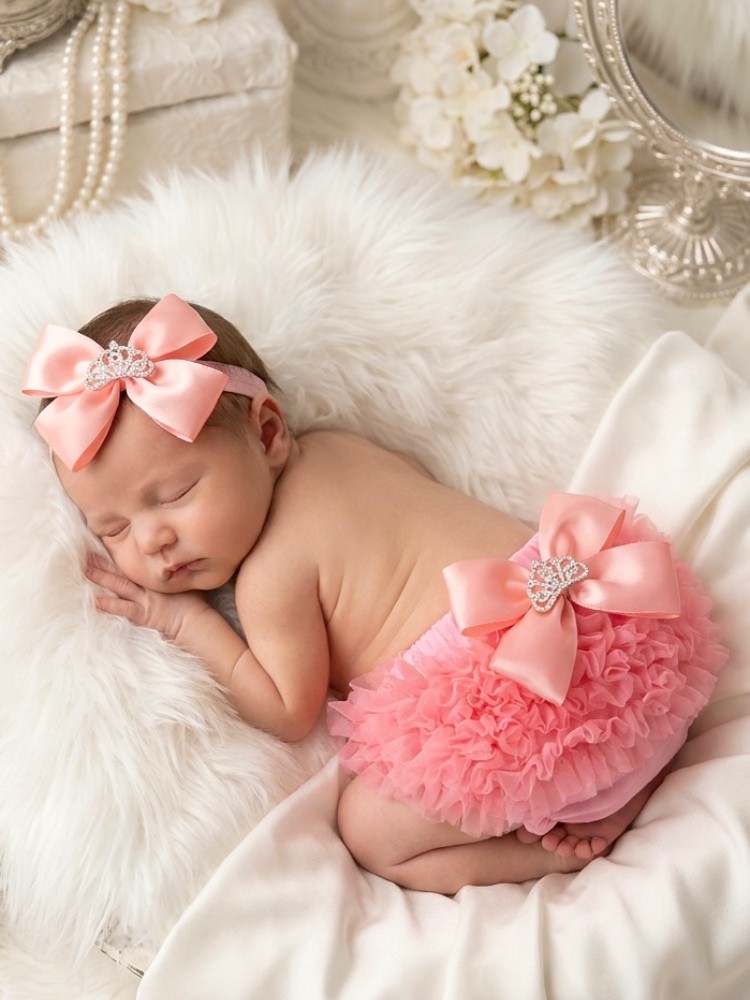 Handmade coral pink baby girl bloomer with ruffled back and matching bow headband set