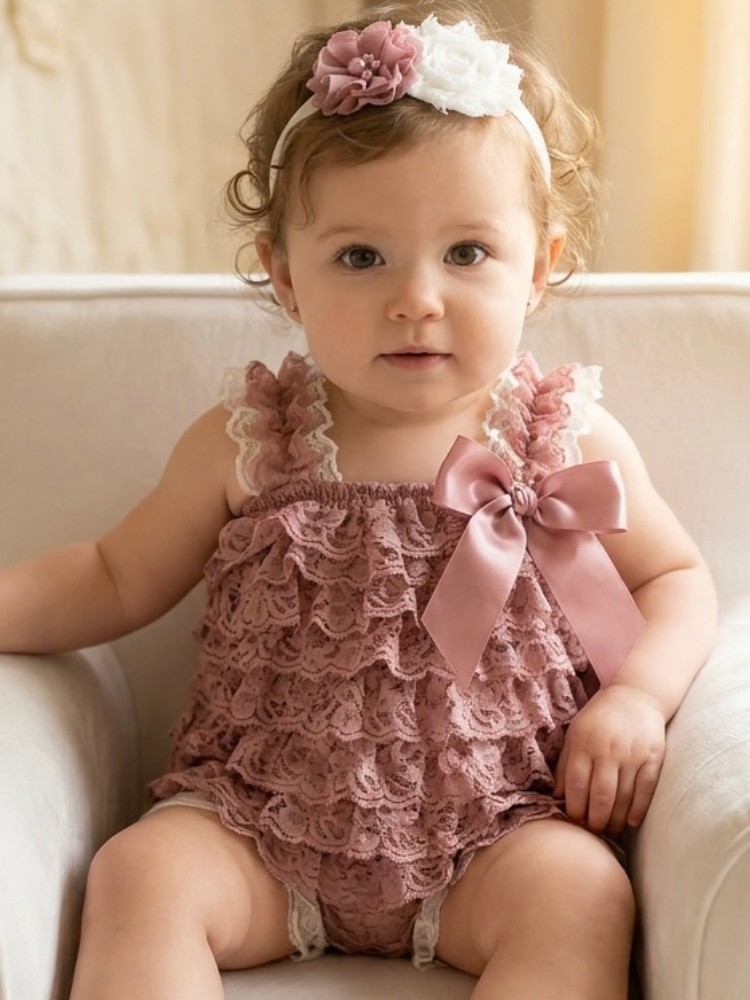 Baby Lace Romper Ivory And Dusty Pink With Headband Baby Lace Romper Ivory And Dusty Pink With Headband