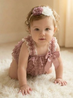 Girl Lace Romper Ivory And Dusty Pink With Headband Girl Lace Romper Ivory And Dusty Pink With Headband