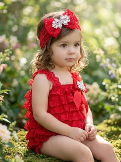 Baby Girl Red Lace Romper Headband Set Crystals