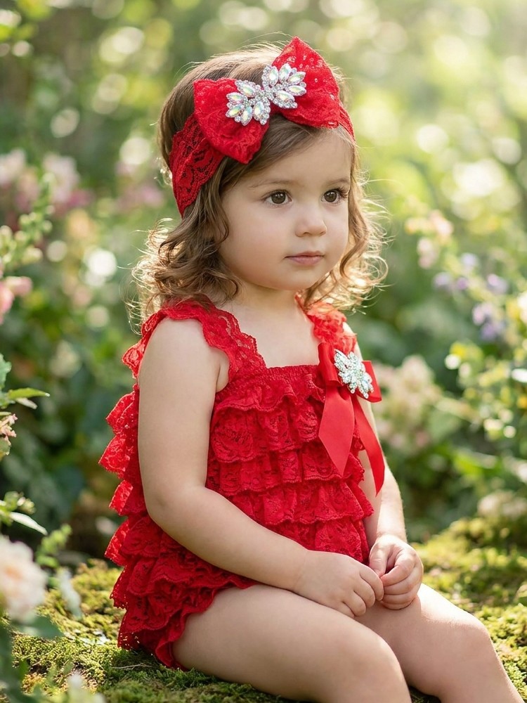 Baby Girl Red Lace Romper Headband Set Crystals Baby Girl Red Lace Romper Headband Set Crystals