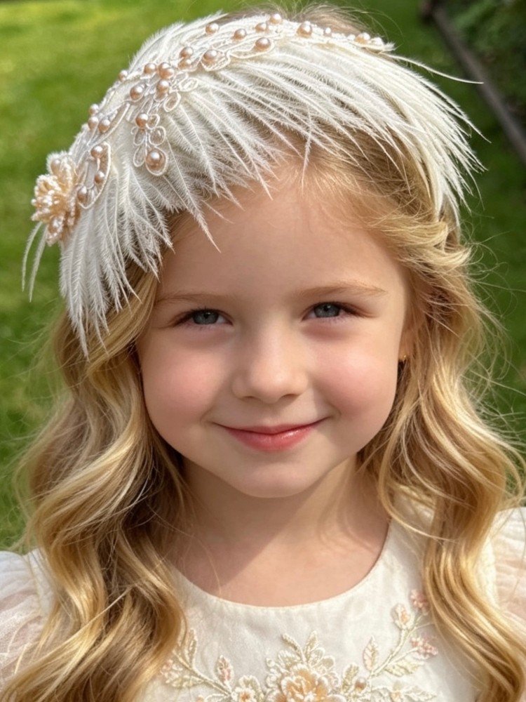 Handmade luxury baby girl headband with beige ostrich feathers, lace, faux pearls and crystal bead Handmade luxury baby girl headband with beige ostrich feathers, lace, faux pearls and crystal bead