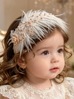 Handmade luxury baby girl headband with beige ostrich feathers, lace, faux pearls and crystal bead