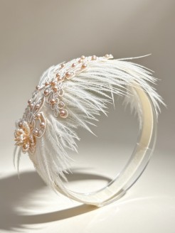Luxury Baby Girl Headband with Ostrich Feathers, Pearls & Lace Flower Luxury Baby Girl Headband with Ostrich Feathers, Pearls & Lace Flower