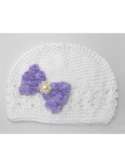 Crochet Baby Girl Beanie Hat with Lavender Bow