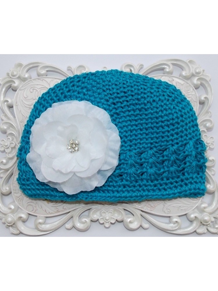 Handmade Baby Girl Hat Aquamarine with Flower