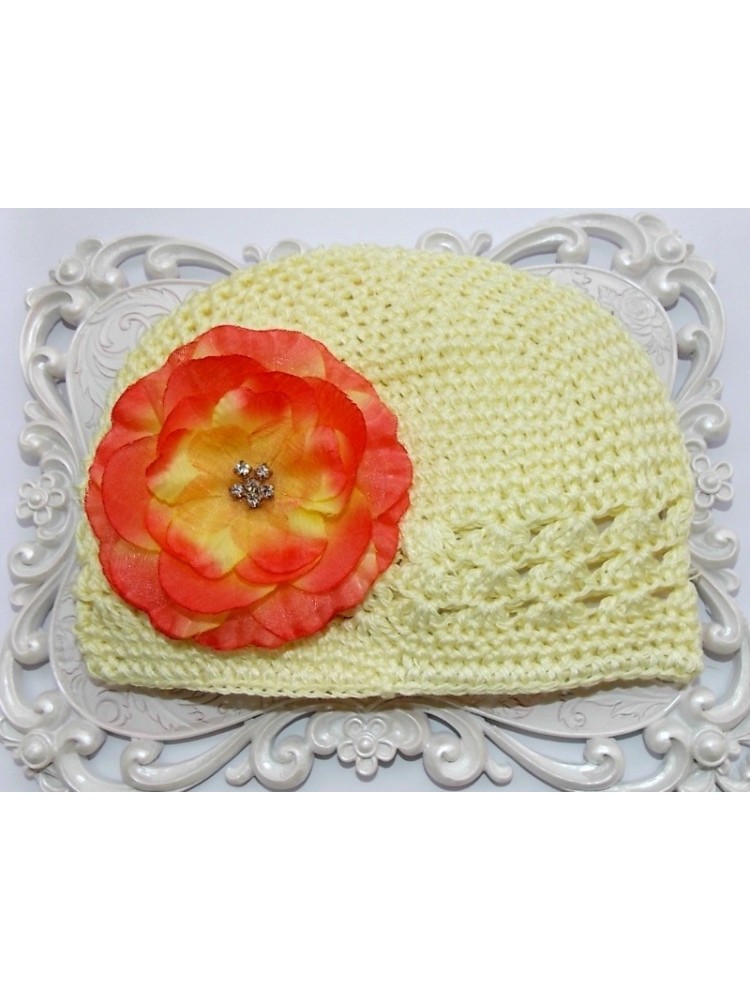 Crochet Baby Girl Hat Yellow with Orange Flower