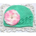 Crochet Baby Girl Hat Aqua Mint with Pink