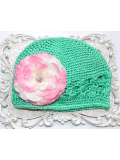 Crochet Baby Girl Hat Aqua Mint with Pink