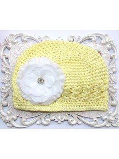 Handmade baby girl hat yellow with white flower