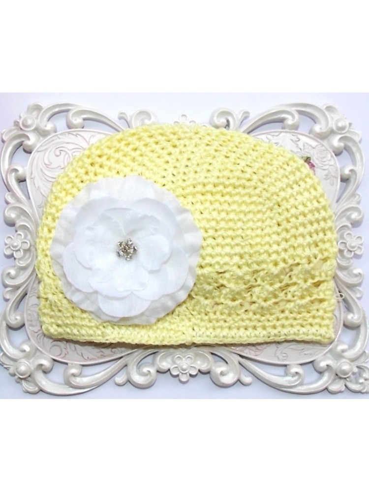 Handmade baby girl hat yellow with white flower